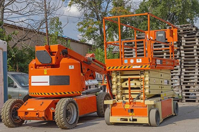 worker operating forklift in bustling warehouse environment in Harmony